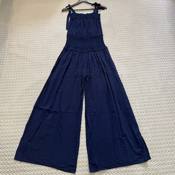 NWOT Tory Burch Smocked Shoulder-Tie Jumpsuit Size XS Navy Blue - Picture 2 of 13